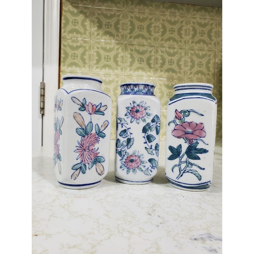 Vintage Chinese Bud Vases Rectangular Handpainted Pink Blue Floral Motif 4.5"
